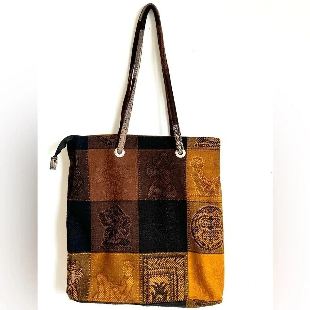 Tote Handbag Aztec Calendar Embroidered Zip Close Handmade